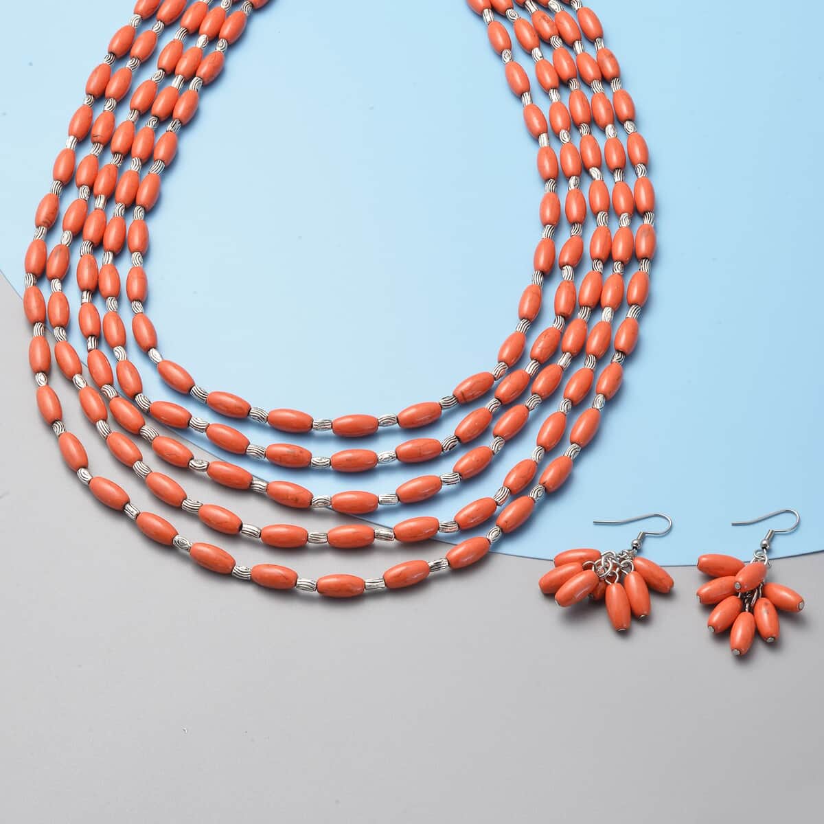 Orange Howlite Earrings and Drape Necklace 20 Inches in Black Oxidized Silvertone and Stainless Steel 765.50 ctw image number 1
