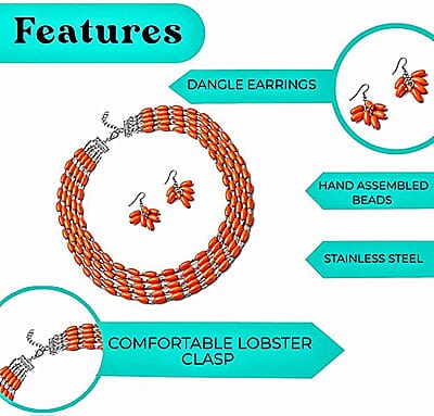 Constituted Orange Howlite 765.50 ctw Earrings and Drape Necklace 20 Inches in Black Oxidized Silvertone and Stainless Steel