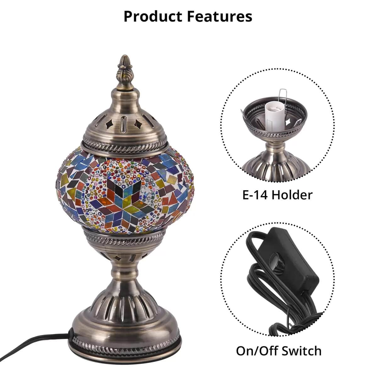 Turkish Inspired Handcrafted Star Moroccan Mosaic Table Lamp with Bronze Base (Requires E-12 Bulb) image number 2