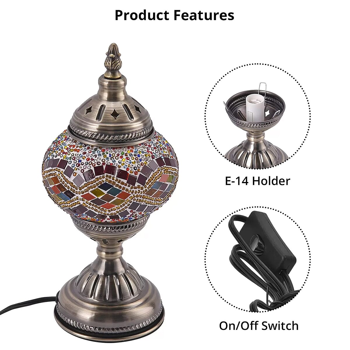Turkish Inspired Handcrafted Multi Color Wave Moroccan Mosaic Table Lamp with Bronze Base (Requires E-12 Bulb) image number 2