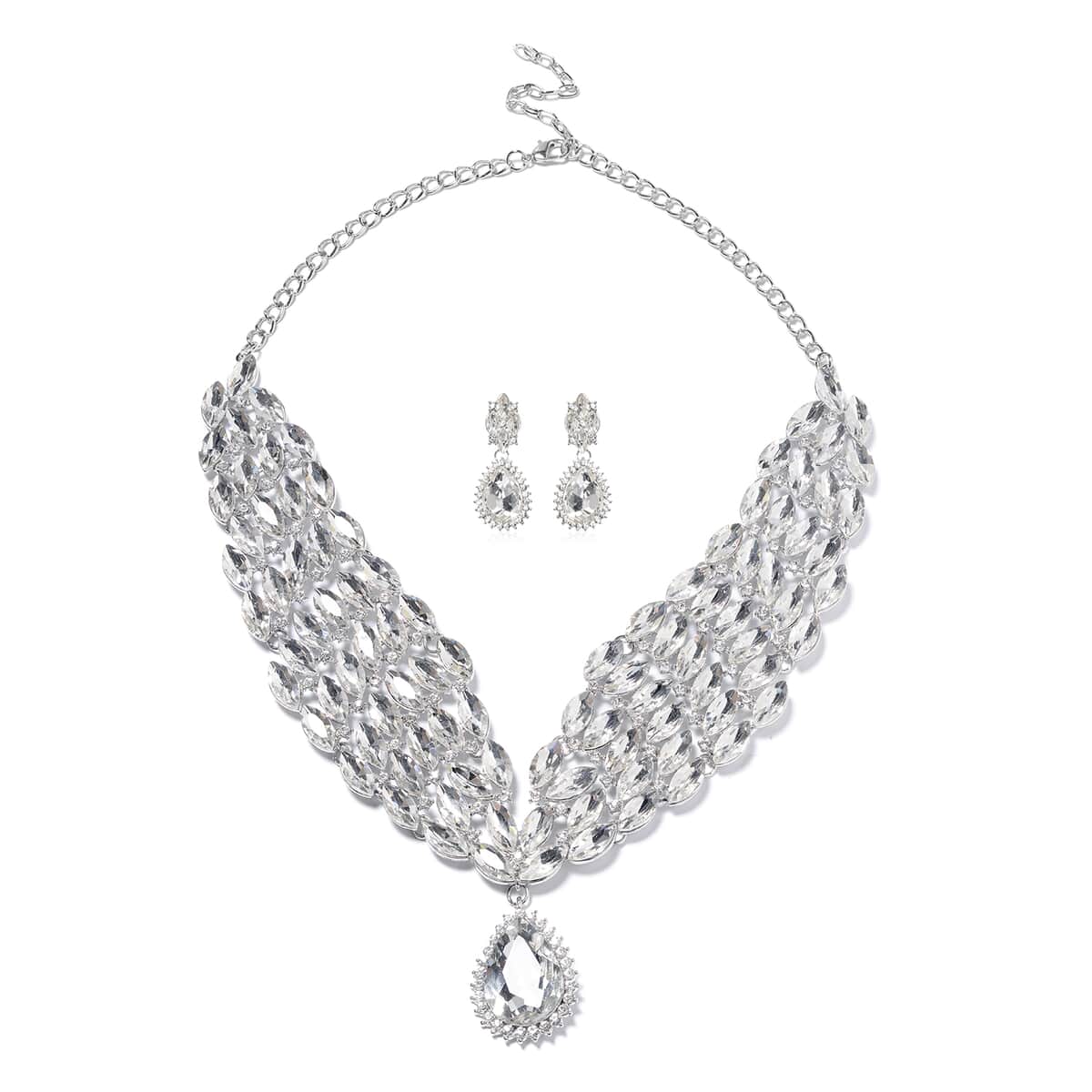 White Chroma and White Austrian Crystal Earrings and Collar Necklace 20 Inches in Silvertone image number 0