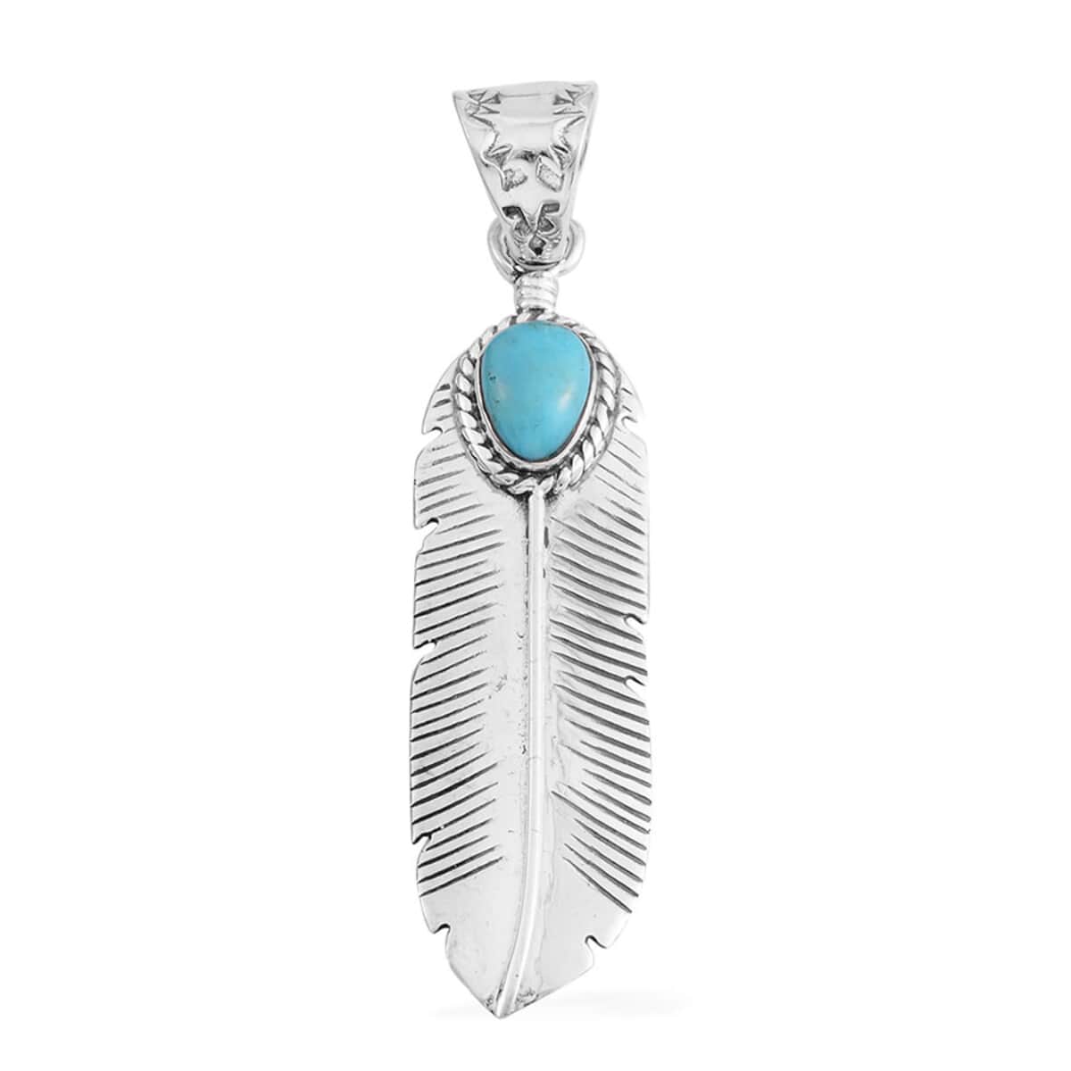 Santa Fe Style Kingman Turquoise Feather Pendant in Sterling Silver 1.00 ctw image number 0