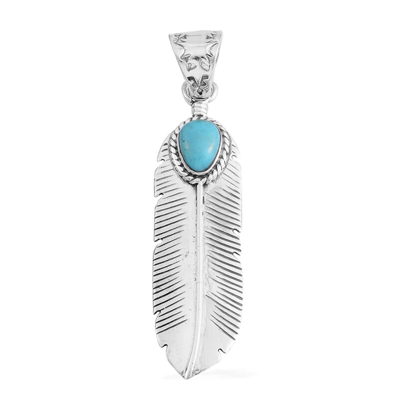 Santa Fe Style Kingman Turquoise Feather Pendant in Sterling Silver 1.00 ctw