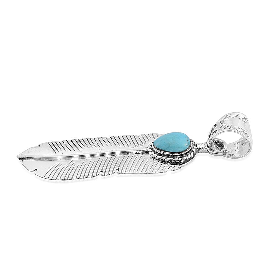 Santa Fe Style Kingman Turquoise Feather Pendant in Sterling Silver 1.00 ctw