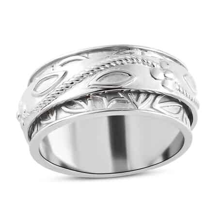 Floral Engraved Concave Spinner Ring in Sterling Silver 4.1 Grams image number 0