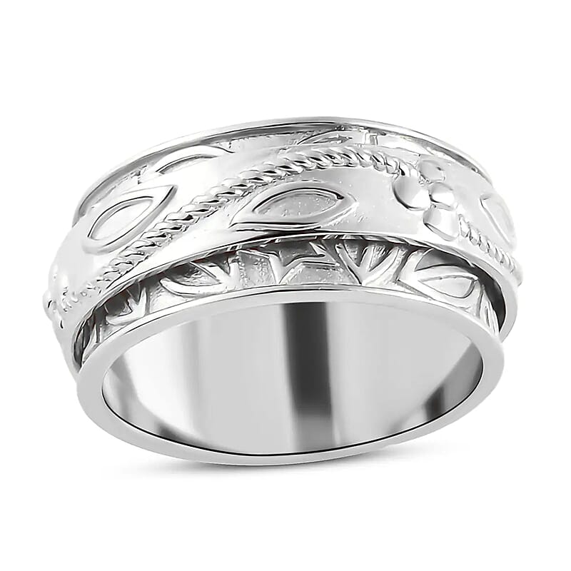 Floral Engraved Concave Spinner Ring in Sterling Silver, Anxiety Ring for Women, Fidget Rings for Anxiety for Women, Stress Relieving Anxiety Ring, Promise Rings (Size 11.0) (5 g)