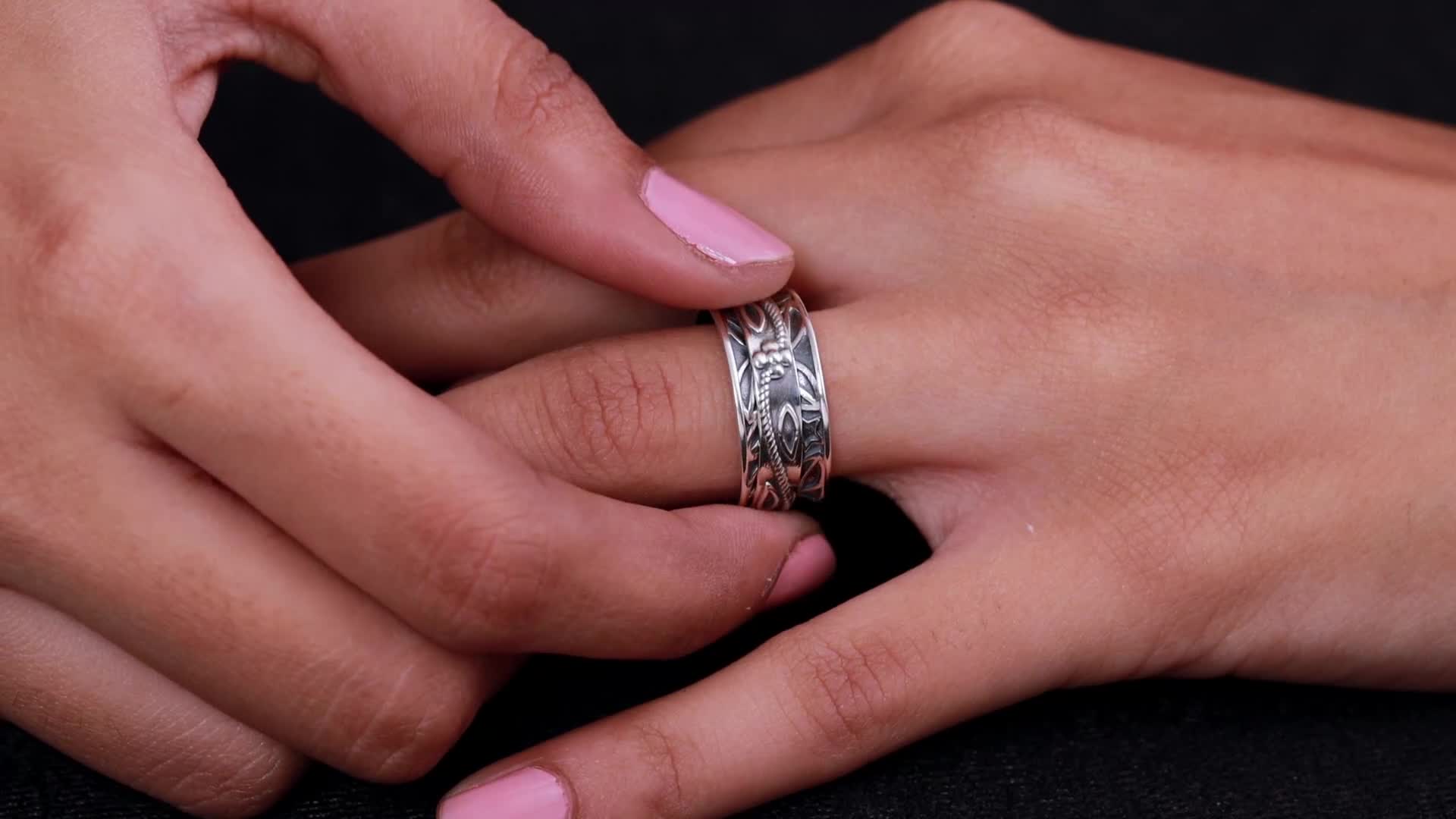 Shop LC Sterling Silver Floral Engraved Spinner Ring – Boho Oxidized Anxiety Relief Fidget Jewelry For Women, Stress Relieving Gift 10 thumbnail image