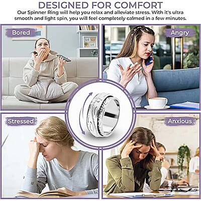 Floral Engraved Concave Spinner Ring in Sterling Silver, Anxiety Ring for Women, Fidget Rings for Anxiety for Women, Stress Relieving Anxiety Ring, Promise Rings (Size 11.0) (5 g)