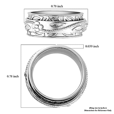 Floral Engraved Concave Spinner Ring in Sterling Silver, Anxiety Ring for Women, Fidget Rings for Anxiety for Women, Stress Relieving Anxiety Ring, Promise Rings (Size 11.0) (5 g)