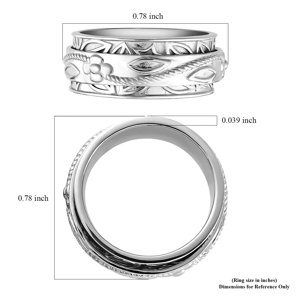 Floral Engraved Concave Spinner Ring in Sterling Silver, Anxiety Ring for Women, Fidget Rings for Anxiety for Women, Stress Relieving Anxiety Ring, Promise Rings (Size 5.0) (5 g) image number 6