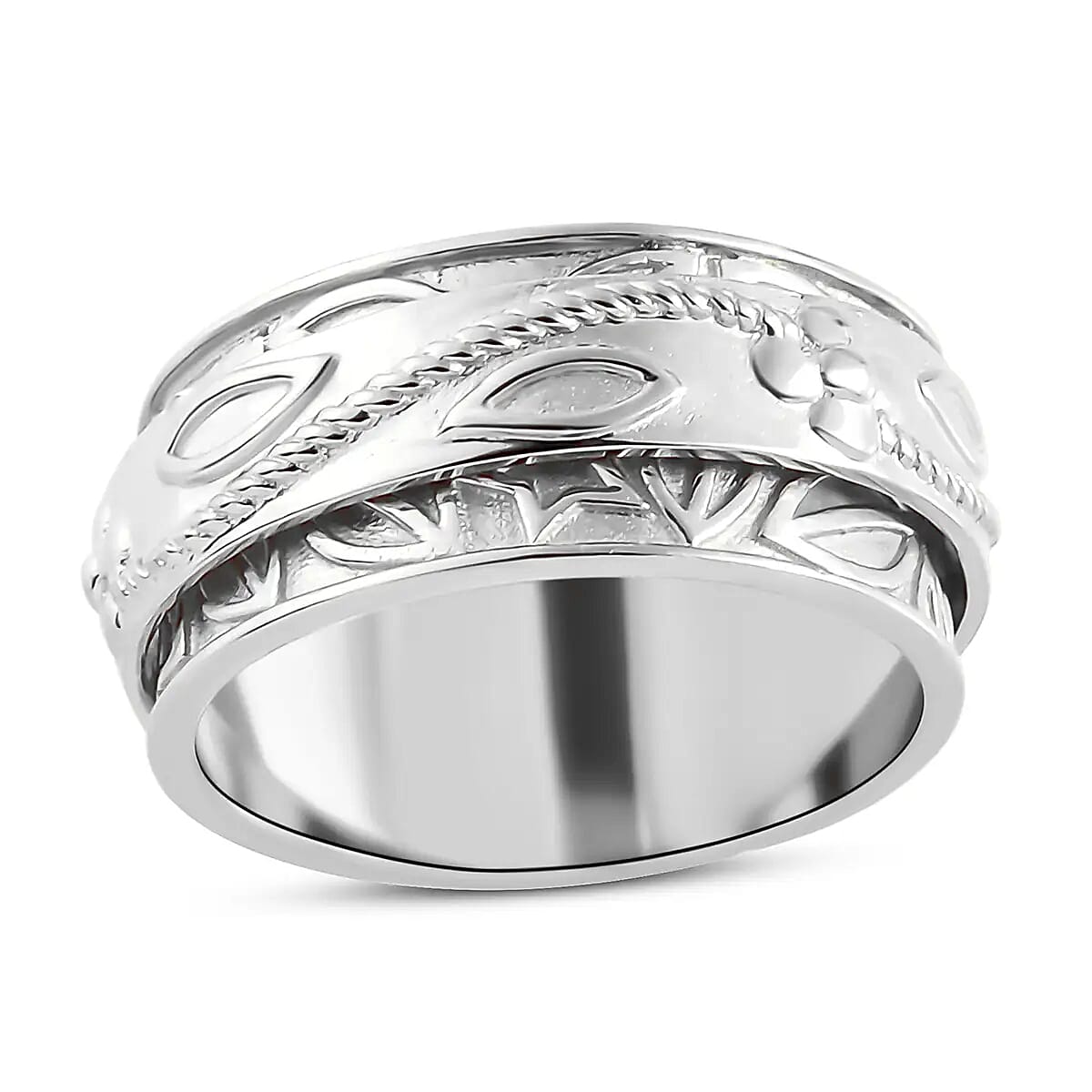 Floral Engraved Concave Spinner Ring in Sterling Silver 4.1 Grams