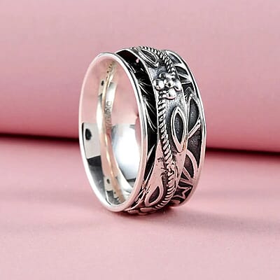 Floral Engraved Concave Spinner Ring in Sterling Silver, Anxiety Ring for Women, Fidget Rings for Anxiety for Women, Stress Relieving Anxiety Ring, Promise Rings (Size 7.0) (5 g)