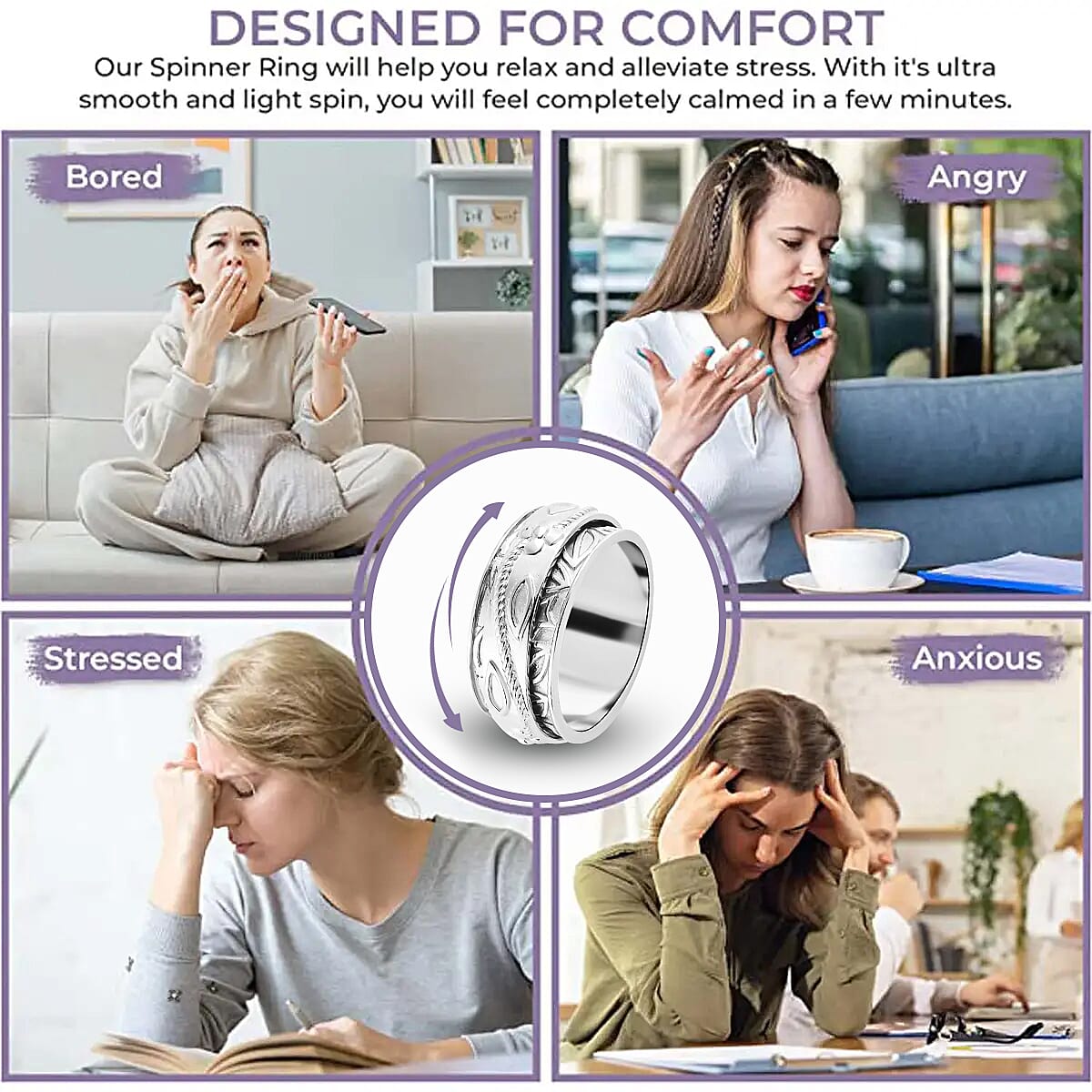 Floral Engraved Concave Spinner Ring in Sterling Silver, Anxiety Ring for Women, Fidget Rings for Anxiety for Women, Stress Relieving Anxiety Ring, Promise Rings (Size 7.0) (5 g) image number 2