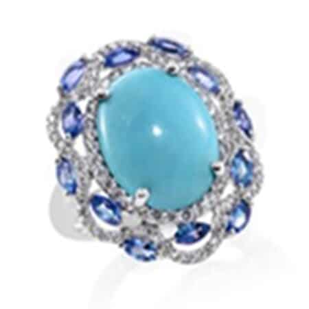 Sleeping Beauty Turquoise and Multi Gemstone Ring in Rhodium Over Sterling Silver (Size 7.0) 8.60 ctw image number 0