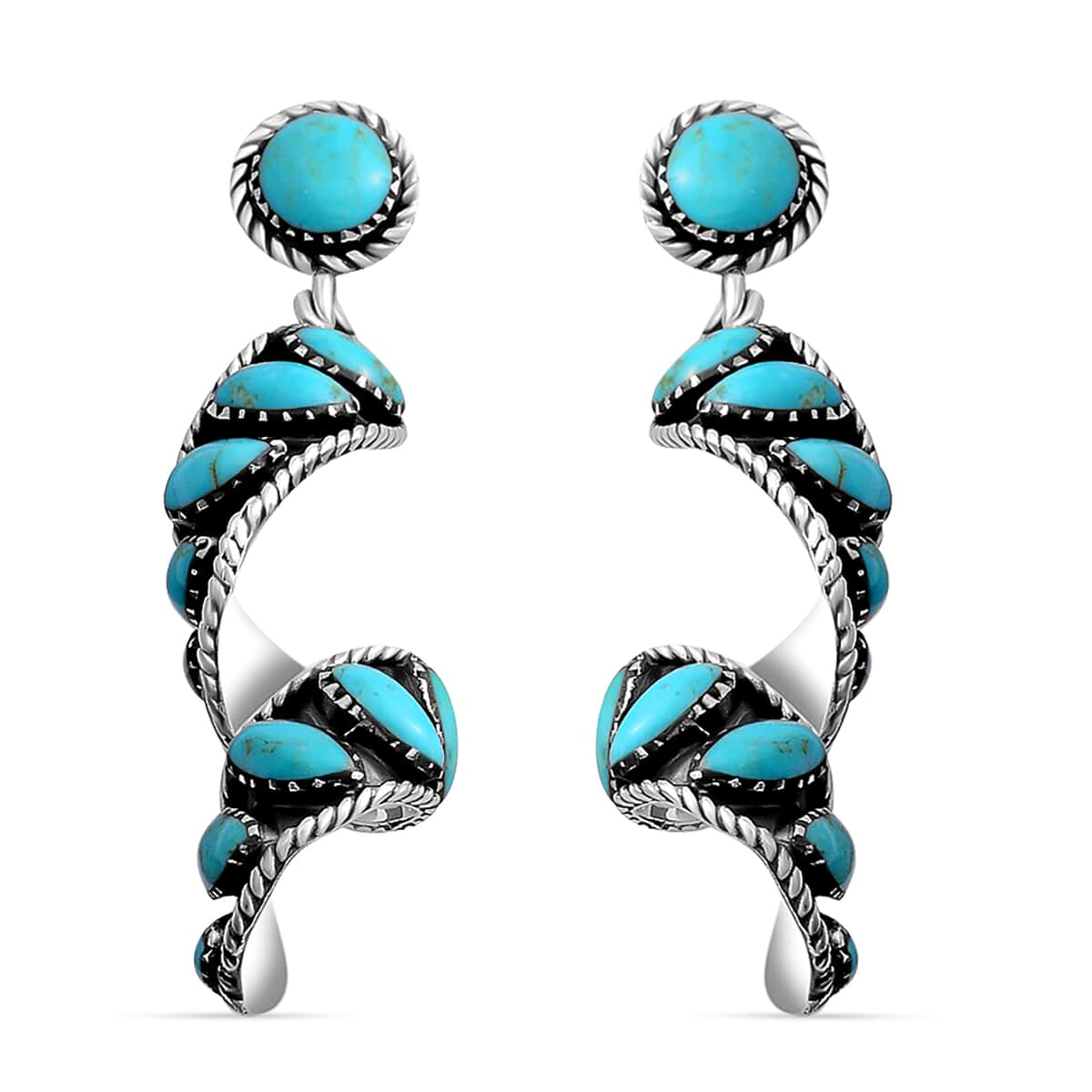 Mother’s Day Gift Santa Fe Style Kingman Turquoise Earrings, Swirl Earrings, Twisted Drop Earrings, Sterling Silver Earrings 4.50 ctw image number 0