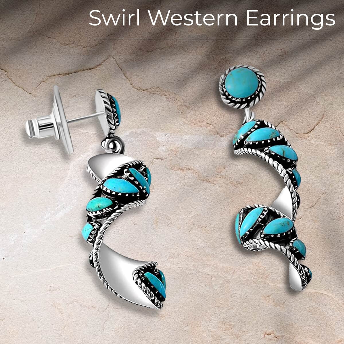 Mother’s Day Gift Santa Fe Style Kingman Turquoise Earrings, Swirl Earrings, Twisted Drop Earrings, Sterling Silver Earrings 4.50 ctw image number 1