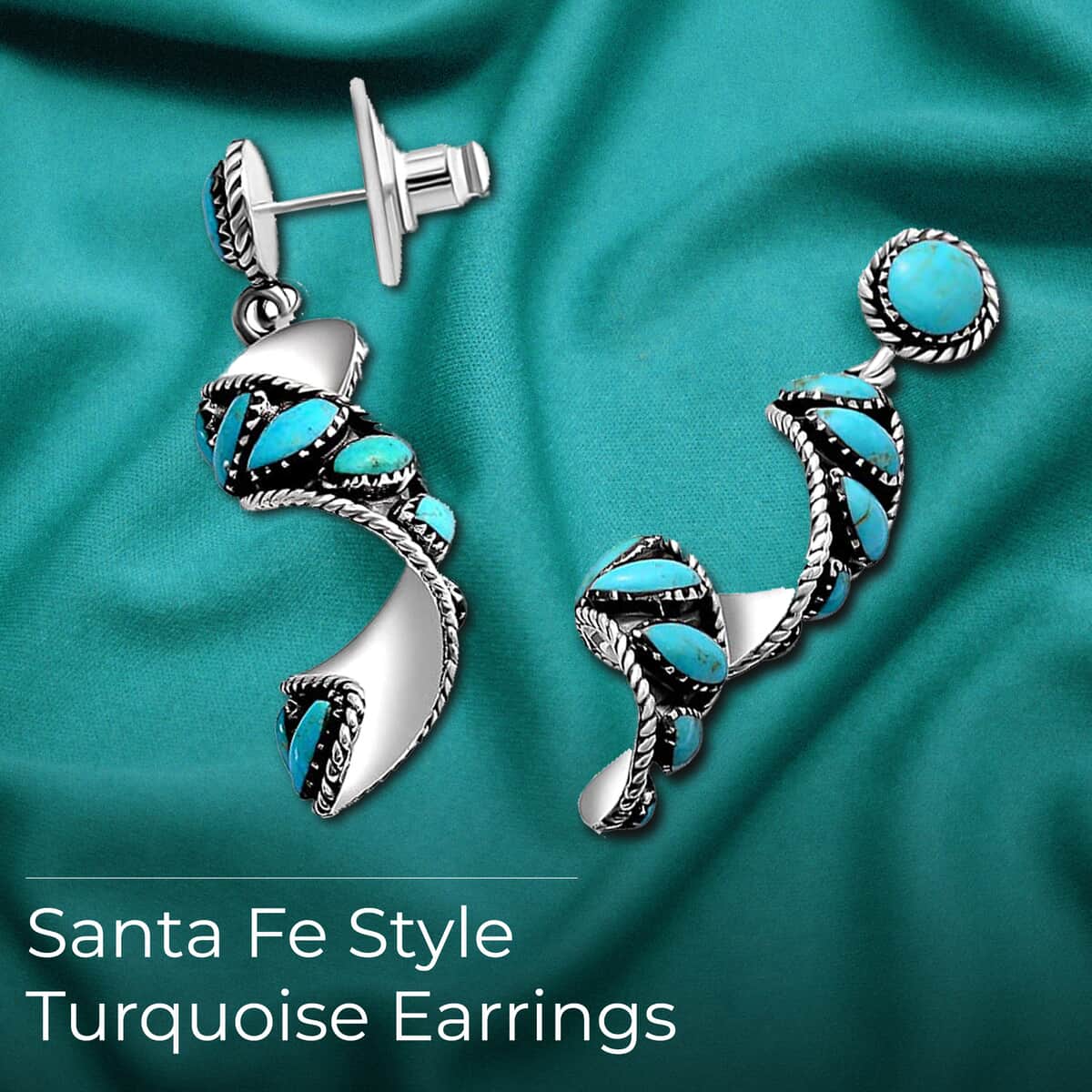 Mother’s Day Gift Santa Fe Style Kingman Turquoise Earrings, Swirl Earrings, Twisted Drop Earrings, Sterling Silver Earrings 4.50 ctw image number 2
