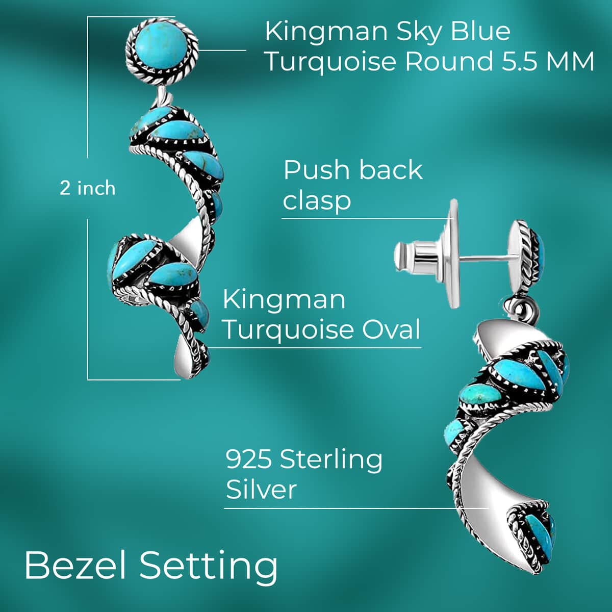 Mother’s Day Gift Santa Fe Style Kingman Turquoise Earrings, Swirl Earrings, Twisted Drop Earrings, Sterling Silver Earrings 4.50 ctw image number 3