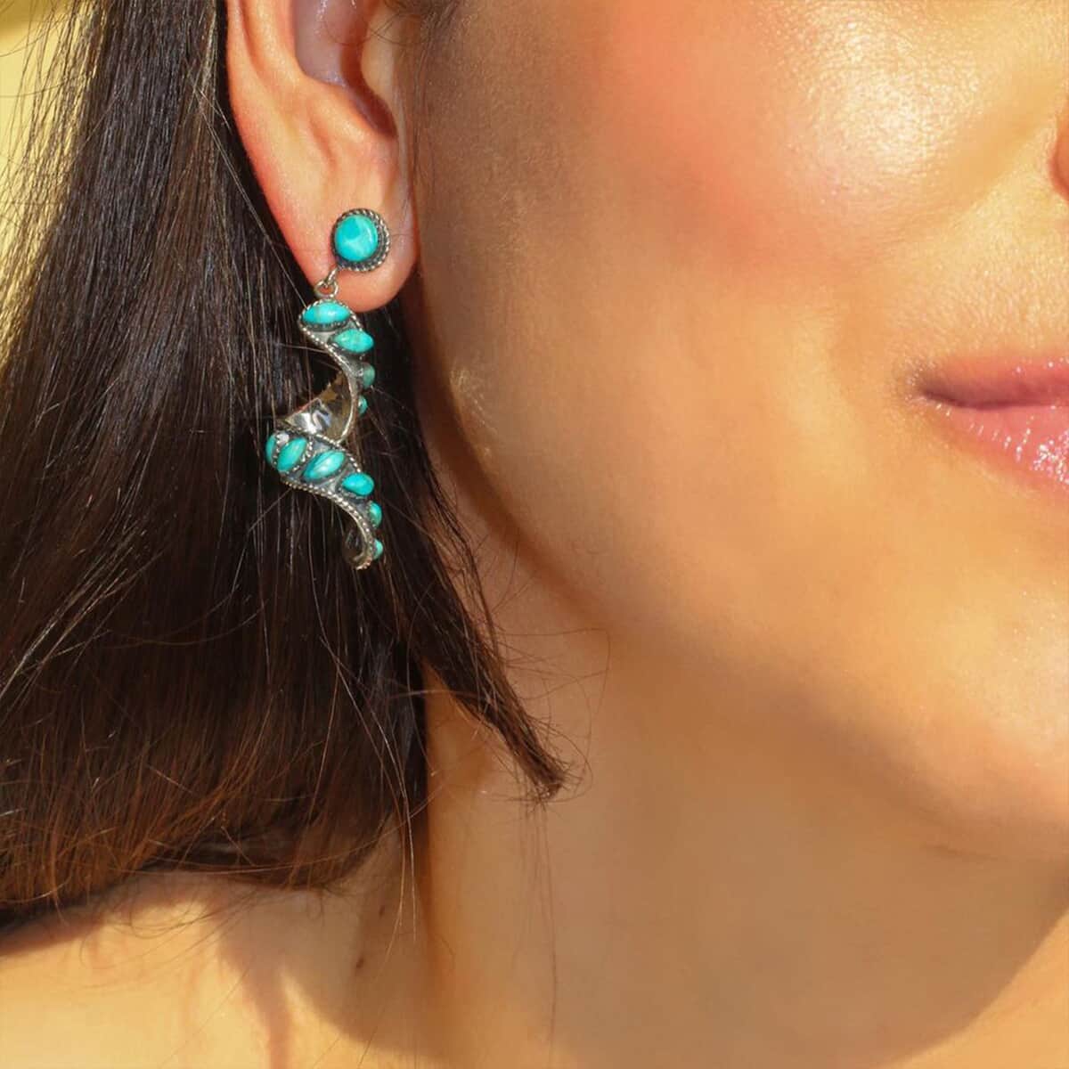 SANTA FE Style Kingman Turquoise Swirl Earrings in Sterling Silver 4.50 ctw image number 5