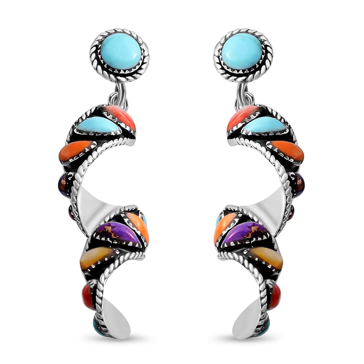 Santa Fe Style Multi Gemstone Earrings, Swirl Earrings, Twisted Drop Earrings, Sterling Silver Earrings 2.25 ctw image number 0