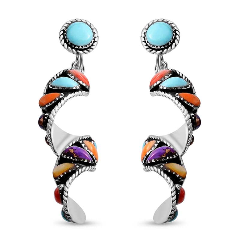Santa Fe Style Multi Gemstone Earrings, Swirl Earrings, Twisted Drop Earrings, Sterling Silver Earrings 2.25 ctw