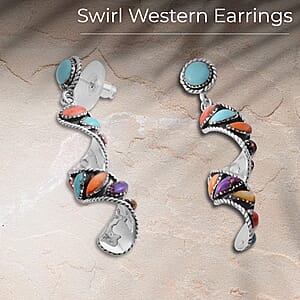 Santa Fe Style Multi Gemstone Earrings, Swirl Earrings, Twisted Drop Earrings, Sterling Silver Earrings 2.25 ctw