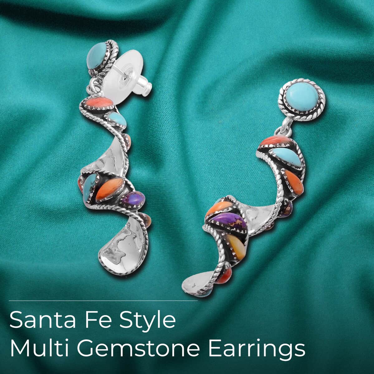 Santa Fe Style Multi Gemstone Earrings, Swirl Earrings, Twisted Drop Earrings, Sterling Silver Earrings 2.25 ctw image number 2