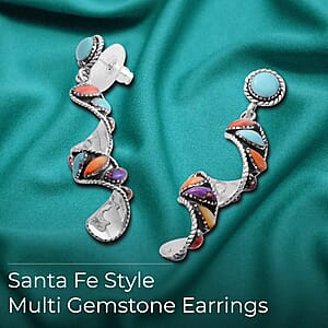 Santa Fe Style Multi Gemstone Earrings, Swirl Earrings, Twisted Drop Earrings, Sterling Silver Earrings 2.25 ctw