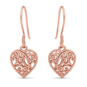 Openwork Drop Dangle Earrings in 14K Rose Gold Plated Sterling Silver, Filigree Heart Earrings, Dangle Silver Earrings For Women
