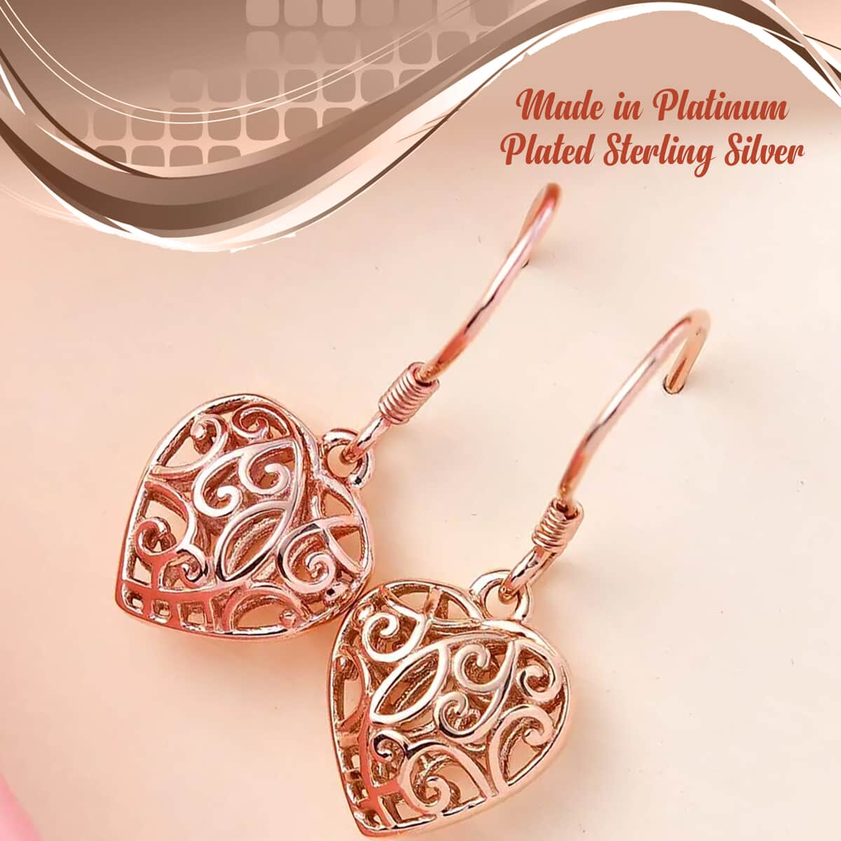 Mother’s Day Gift Openwork Drop Dangle Earrings in 14K Rose Gold Plated Sterling Silver, Filigree Heart Earrings, Dangle Silver Earrings For Women image number 1