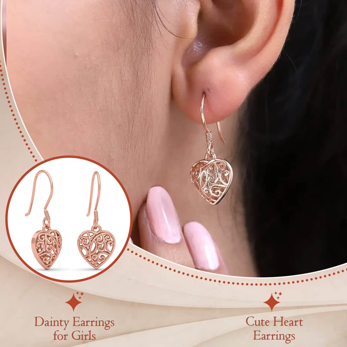 Openwork Drop Dangle Earrings in 14K Rose Gold Plated Sterling Silver, Filigree Heart Earrings, Dangle Silver Earrings For Women image number 2