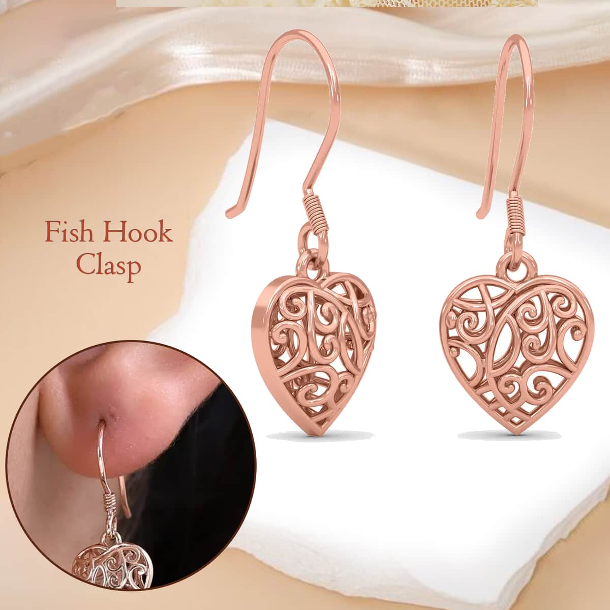 Mother’s Day Gift Openwork Drop Dangle Earrings in 14K Rose Gold Plated Sterling Silver, Filigree Heart Earrings, Dangle Silver Earrings For Women image number 3