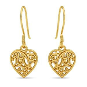 D'Joy Openwork Drop Dangle Earrings in 14K Yellow Gold Plated Sterling Silver, Filigree Heart Earrings, Dangle Silver Earrings For Women