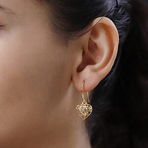 D'Joy Openwork Drop Dangle Earrings in 14K Yellow Gold Plated Sterling Silver, Filigree Heart Earrings, Dangle Silver Earrings For Women