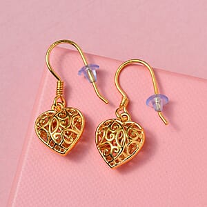D'Joy Openwork Drop Dangle Earrings in 14K Yellow Gold Plated Sterling Silver, Filigree Heart Earrings, Dangle Silver Earrings For Women