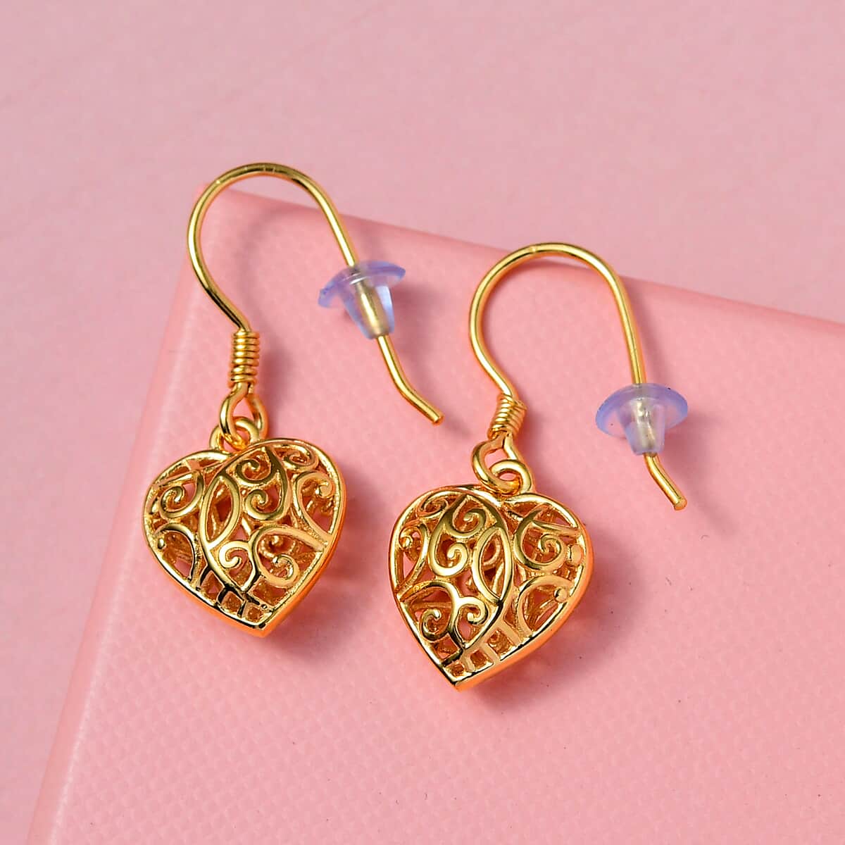 Mother’s Day Gift Openwork Drop Dangle Earrings in 14K Yellow Gold Plated Sterling Silver, Filigree Heart Earrings, Dangle Silver Earrings For Women image number 3