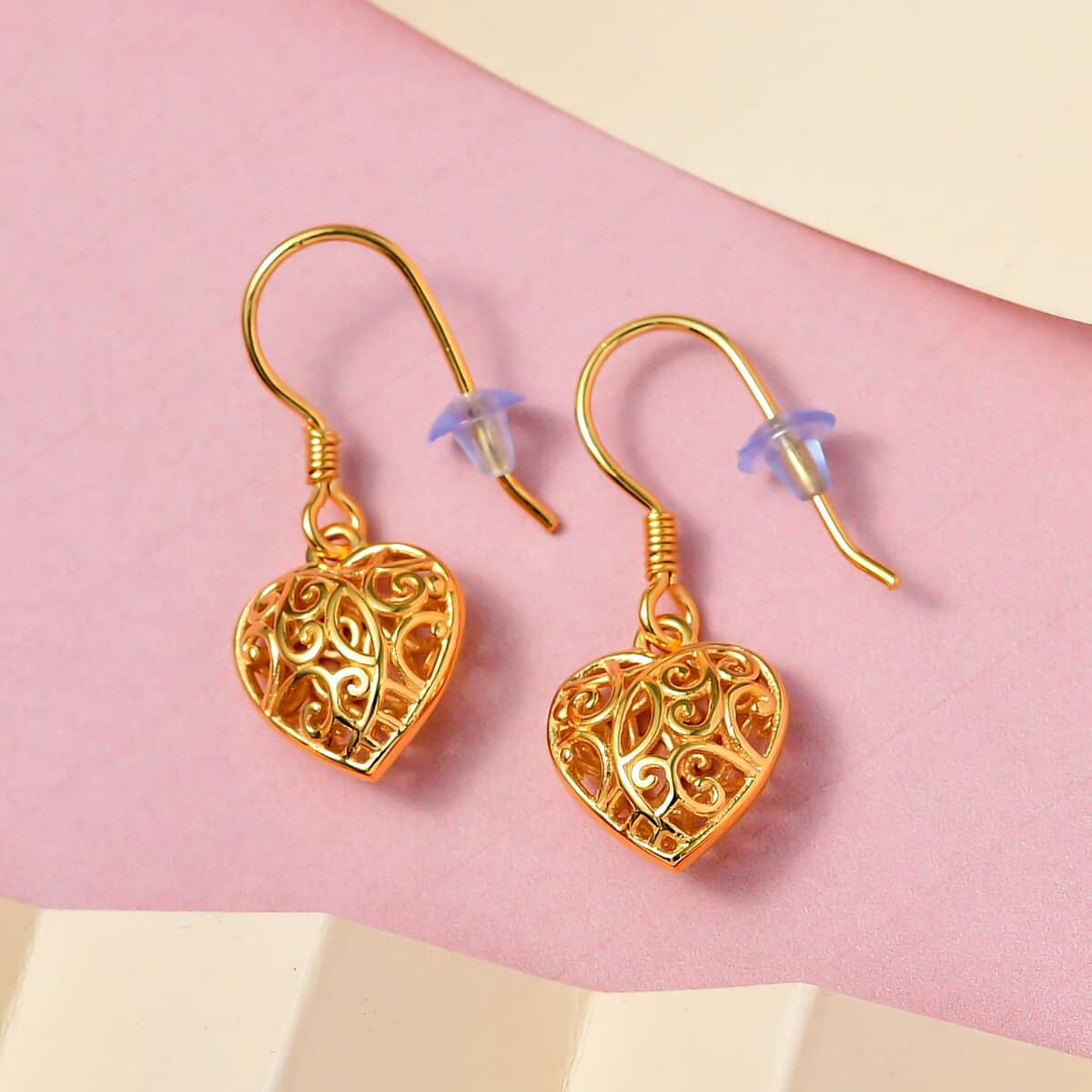 Mother’s Day Gift Openwork Drop Dangle Earrings in 14K Yellow Gold Plated Sterling Silver, Filigree Heart Earrings, Dangle Silver Earrings For Women image number 4