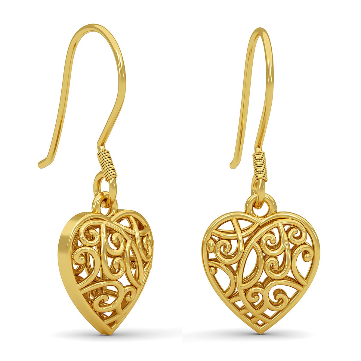 D'Joy Openwork Drop Dangle Earrings in 14K Yellow Gold Plated Sterling Silver, Filigree Heart Earrings, Dangle Silver Earrings For Women