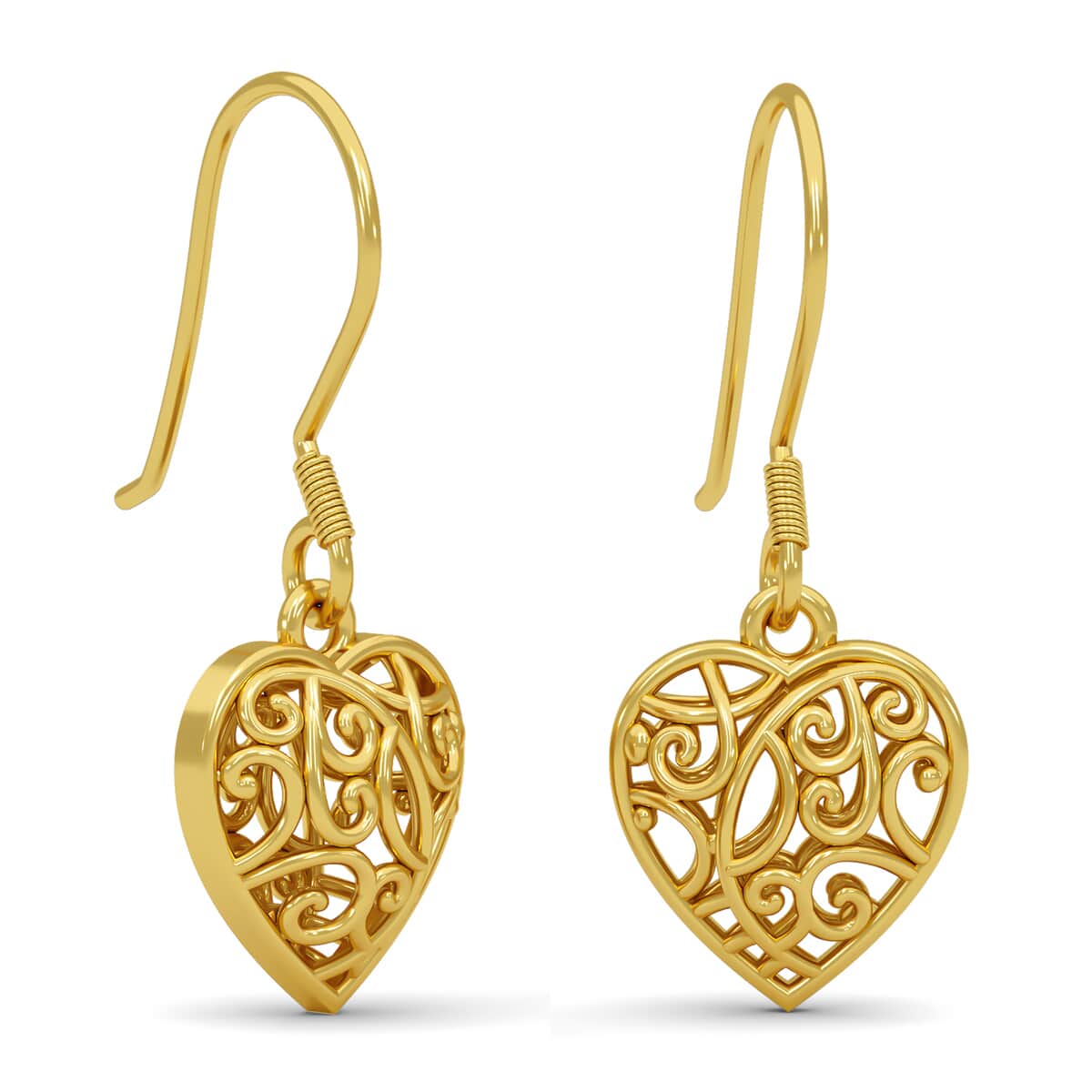 Mother’s Day Gift Openwork Drop Dangle Earrings in 14K Yellow Gold Plated Sterling Silver, Filigree Heart Earrings, Dangle Silver Earrings For Women image number 5
