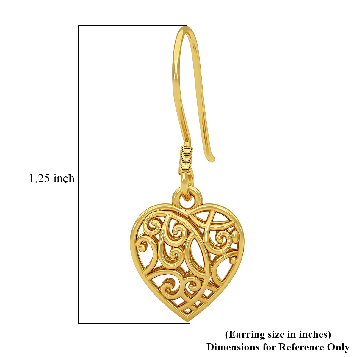 D'Joy Openwork Drop Dangle Earrings in 14K Yellow Gold Plated Sterling Silver, Filigree Heart Earrings, Dangle Silver Earrings For Women