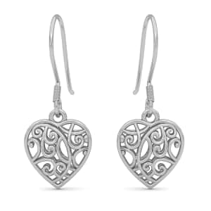 Openwork Drop Dangle Earrings in Platinum Plated Sterling Silver, Filigree Heart Earrings, Dangle Silver Earrings For Women