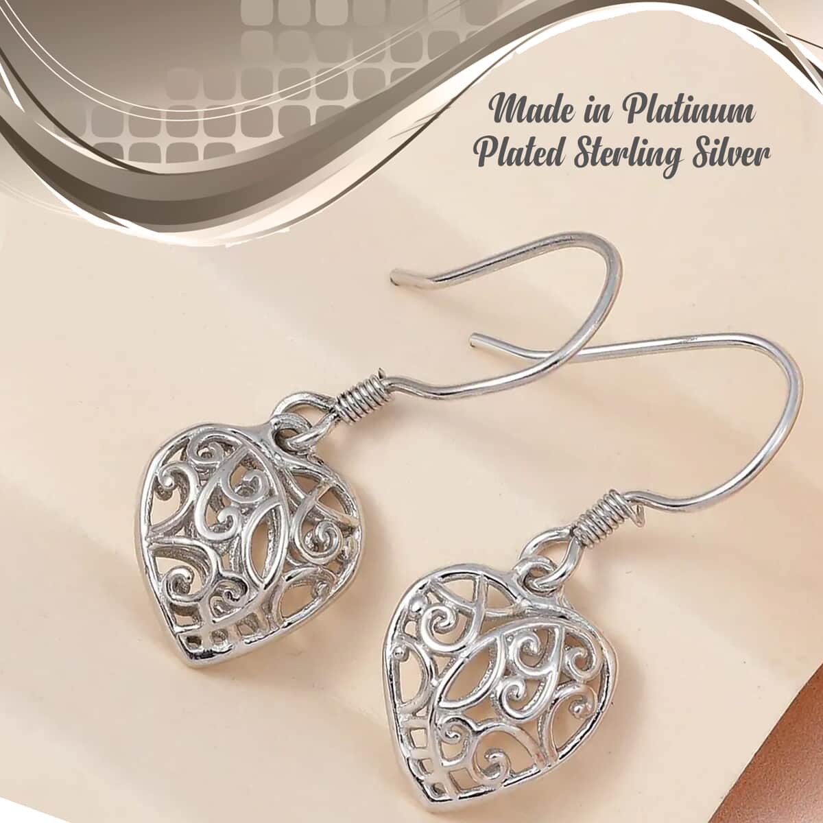 Openwork Drop Dangle Earrings in Platinum Plated Sterling Silver, Filigree Heart Earrings, Dangle Silver Earrings For Women image number 1