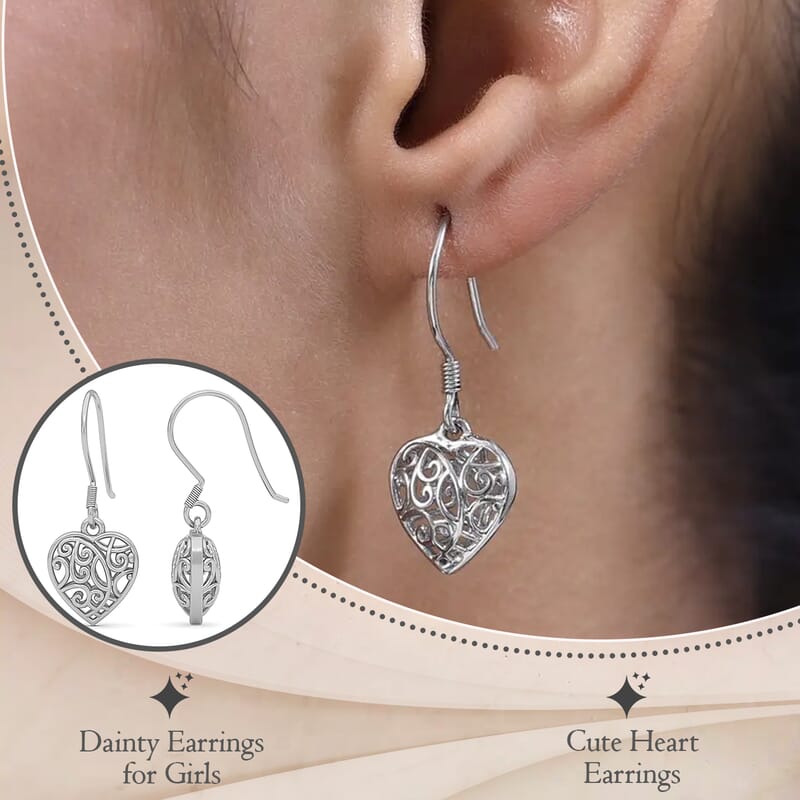 D'Joy Openwork Filigree Heart Earrings in Platinum Over Sterling Silver 3.60 Grams