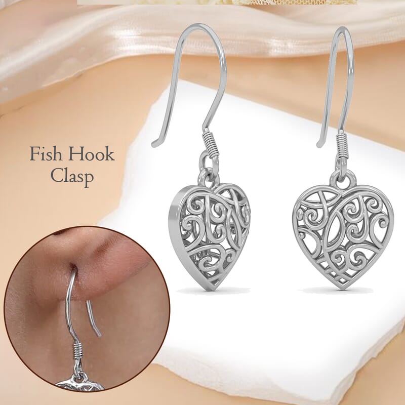 D'Joy Openwork Filigree Heart Earrings in Platinum Over Sterling Silver 3.60 Grams