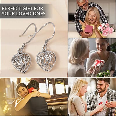 D'Joy Openwork Filigree Heart Earrings in Platinum Over Sterling Silver 3.60 Grams