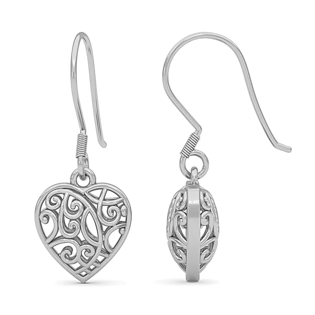 Openwork Drop Dangle Earrings in Platinum Plated Sterling Silver, Filigree Heart Earrings, Dangle Silver Earrings For Women image number 5