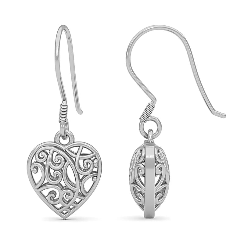 D'Joy Openwork Filigree Heart Earrings in Platinum Over Sterling Silver 3.60 Grams