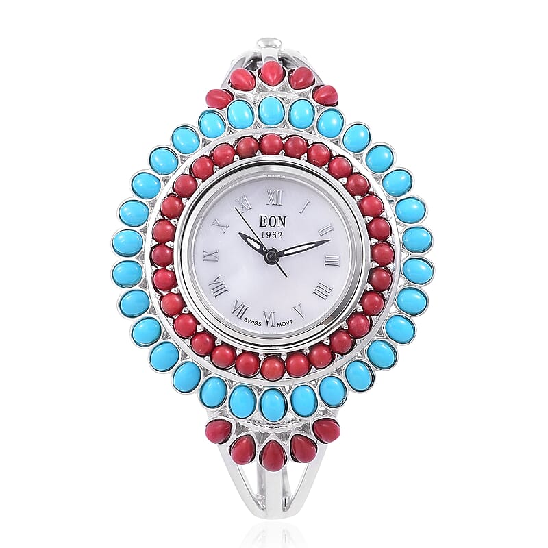 Eon 1962 Bamboo Coral, Sleeping Beauty Turquoise Swiss Movement Watch in Sterling Silver with Stainless Steel Back 11.00 ctw