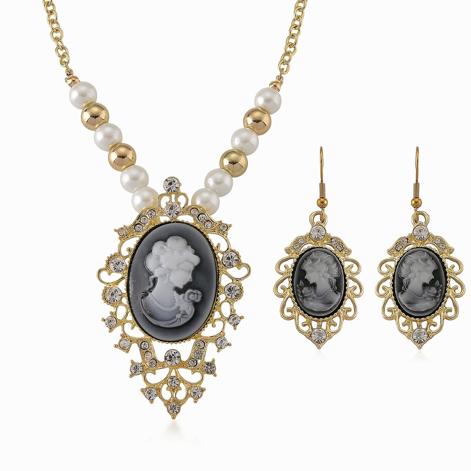 Black Cameo and Multi Gemstone Earrings and Necklace (20-22 Inches) in Goldtone & ION Plated YG Stainless Steel