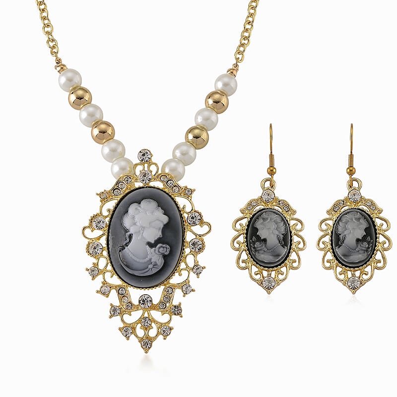 Black Cameo and Multi Gemstone Earrings and Necklace (20-22 Inches) in Goldtone & ION Plated YG Stainless Steel